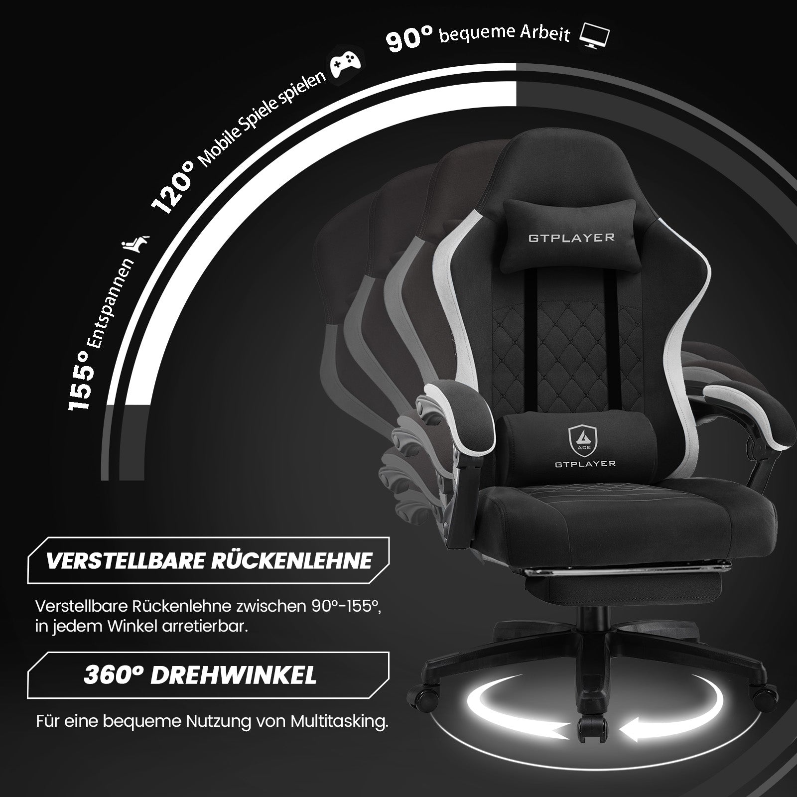 GTPlayer Chaise de jeu ergonomique avec revêtement en tissu, Coussin d’assise à ressorts et repose-pieds, Noir, Tissu noir, 55 x 50 x 130 cm, Vérin à gaz de sécurité hauteur 10 cm pour réglage facile