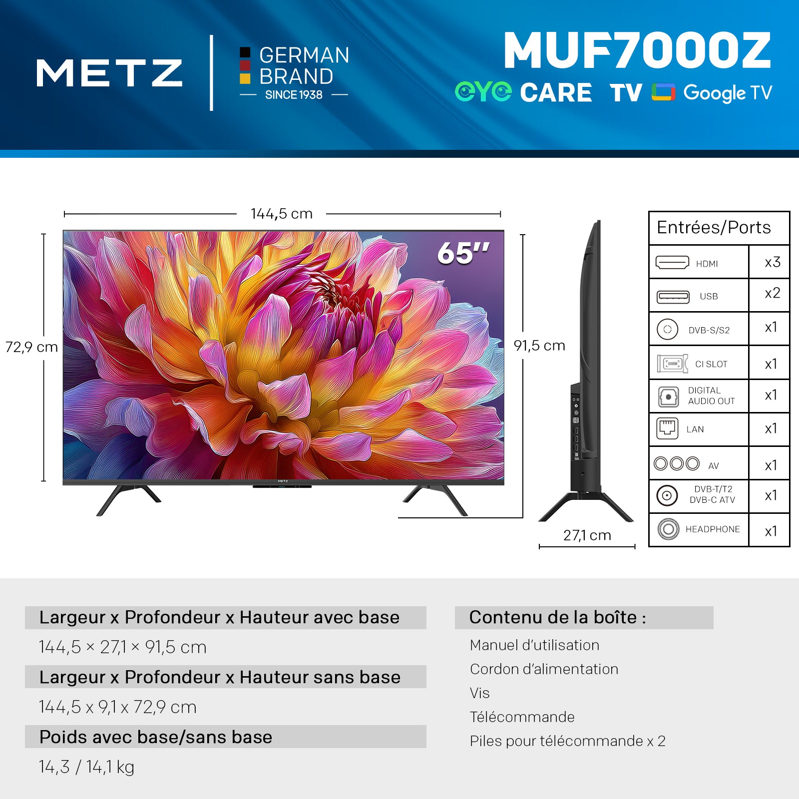 METZ 65MUF7000Z TV 65 pouces 165 cm Google TV avec protection des yeux, 4K UHD, Dolby Vision & Atmos, HDR10, fonction localisation de la télécommande, triple tuner, CI+ classe énergétique F