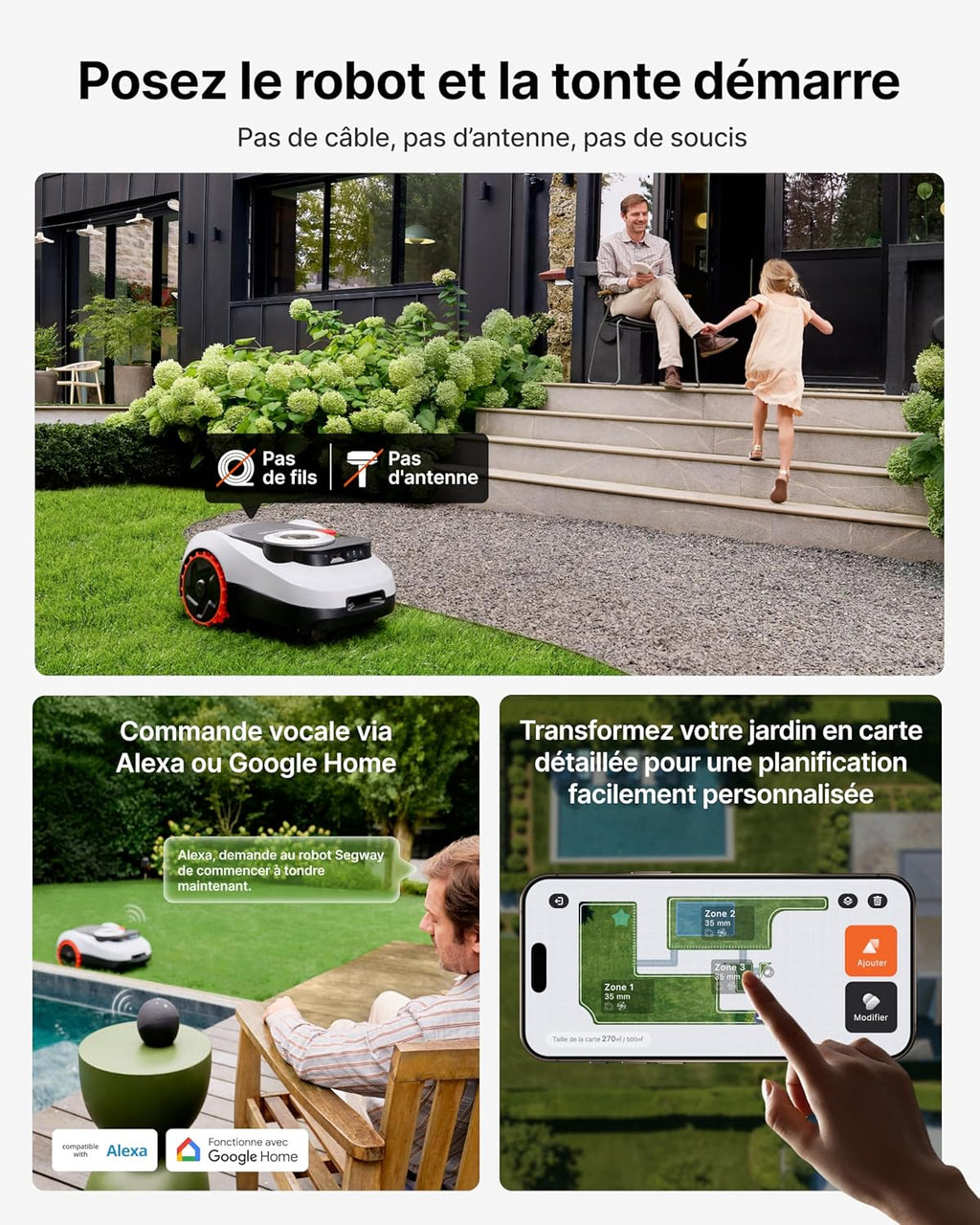 Segway Navimow i215 LiDAR Robot tondeuse pour 1500m² avec Garage M, pentes de 45%, LiDAR à semi-conducteurs et Vision, cartographie automatique, sans fil, sans antenne