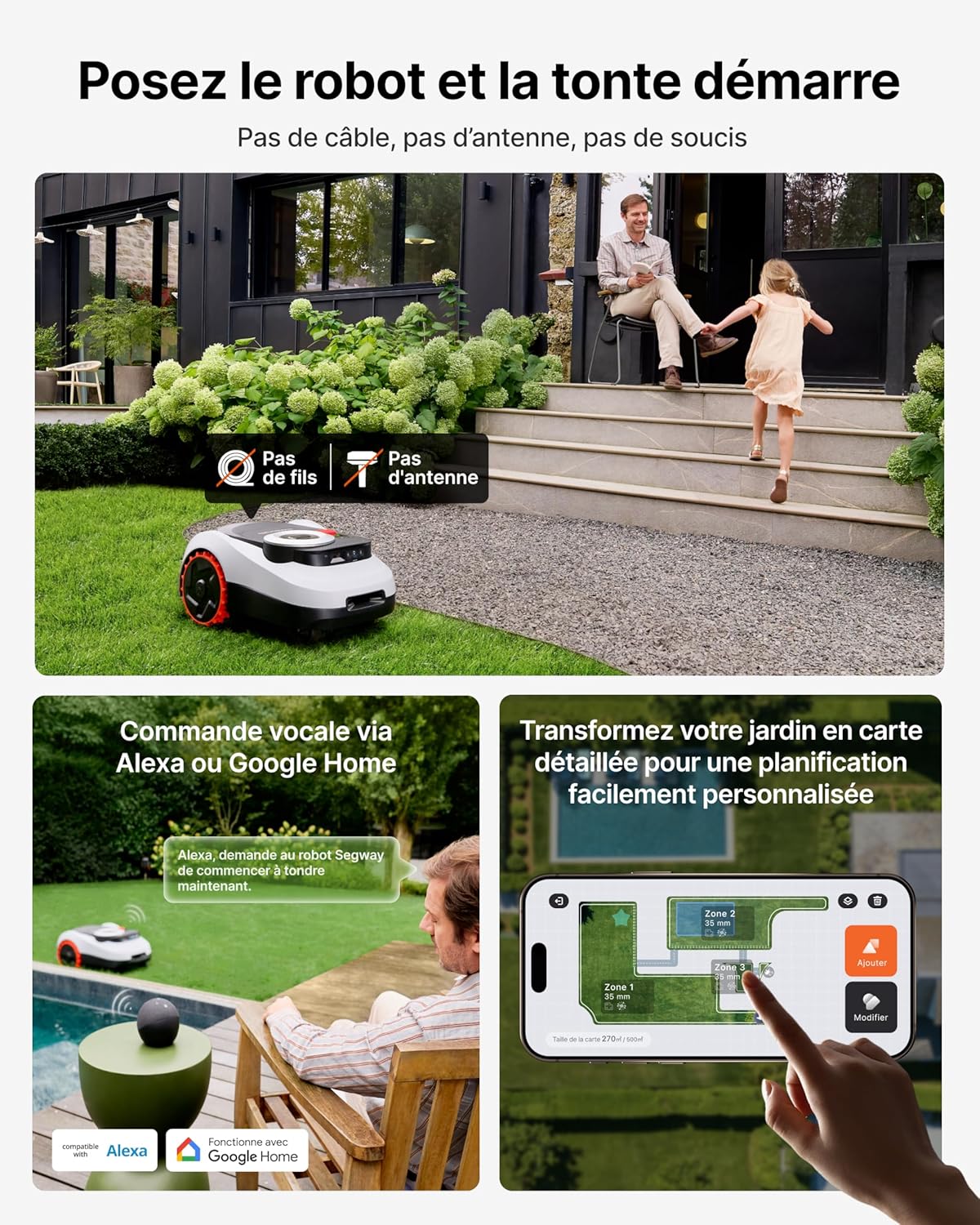 Segway Navimow i215 LiDAR Robot tondeuse pour 1500m² avec Garage M, pentes de 45%, LiDAR à semi-conducteurs et Vision, cartographie automatique, sans fil, sans antenne