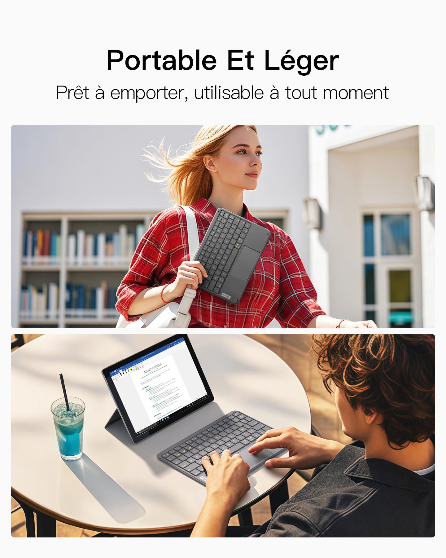 Inateck Clavier Bluetooth 3 canaux avec pavé Tactile, Clavier sans Fil AZERTY Ultra Fin et Portable, Compatible avec iPad OS,Windows et Android, KB01105 Gris