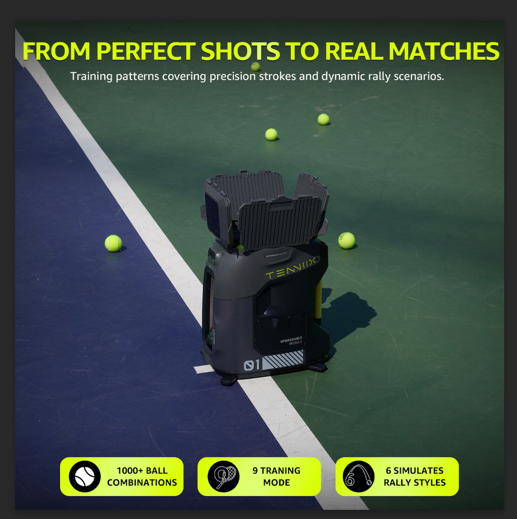 TENNIIX Robot de tennis IA basique, Noir de jais, 100+ modes de service, Contrôle vocal et par application, Écran LED, Moteur QDD, Plus de 1000 modes d'entraînement personnalisés