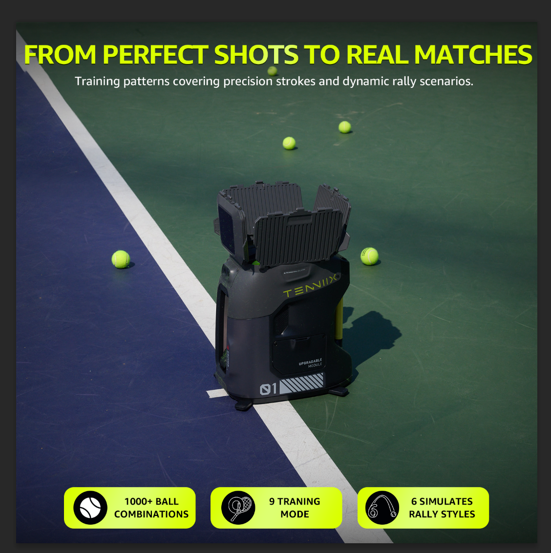 TENNIIX Robot de tennis IA basique, Noir de jais, 100+ modes de service, Contrôle vocal et par application, Écran LED, Moteur QDD, Plus de 1000 modes d'entraînement personnalisés