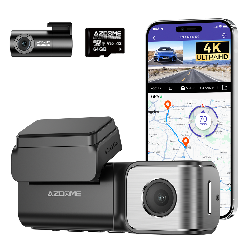 AZDOME M360 Caméra embarquée avant et arrière 4K + FHD, Wi-Fi 5 GHz, GPS, ADAS, commande vocale en anglais, super vision nocturne, large plage dynamique