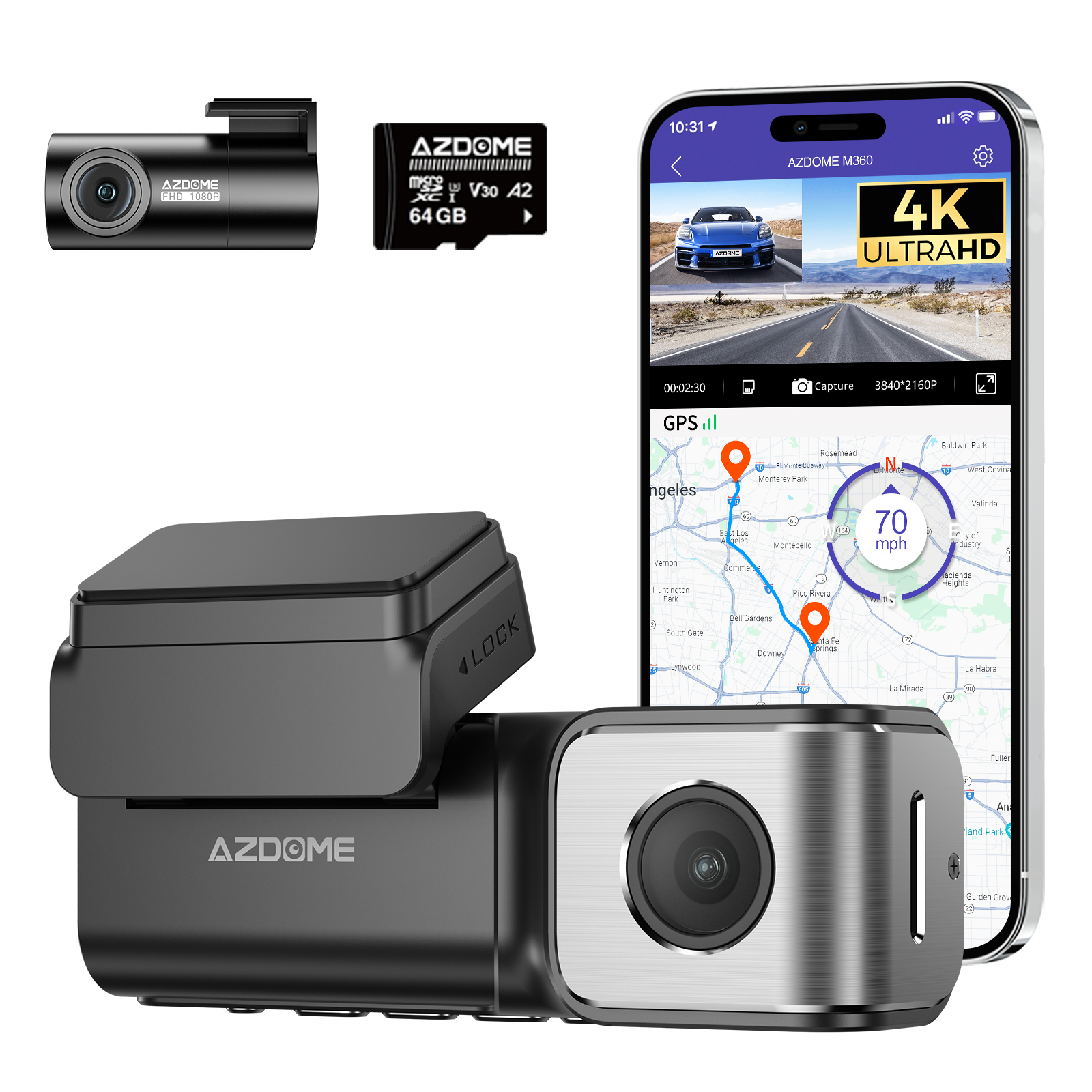 AZDOME M360 Caméra embarquée avant et arrière 4K + FHD, Wi-Fi 5 GHz, GPS, ADAS, commande vocale en anglais, super vision nocturne, large plage dynamique