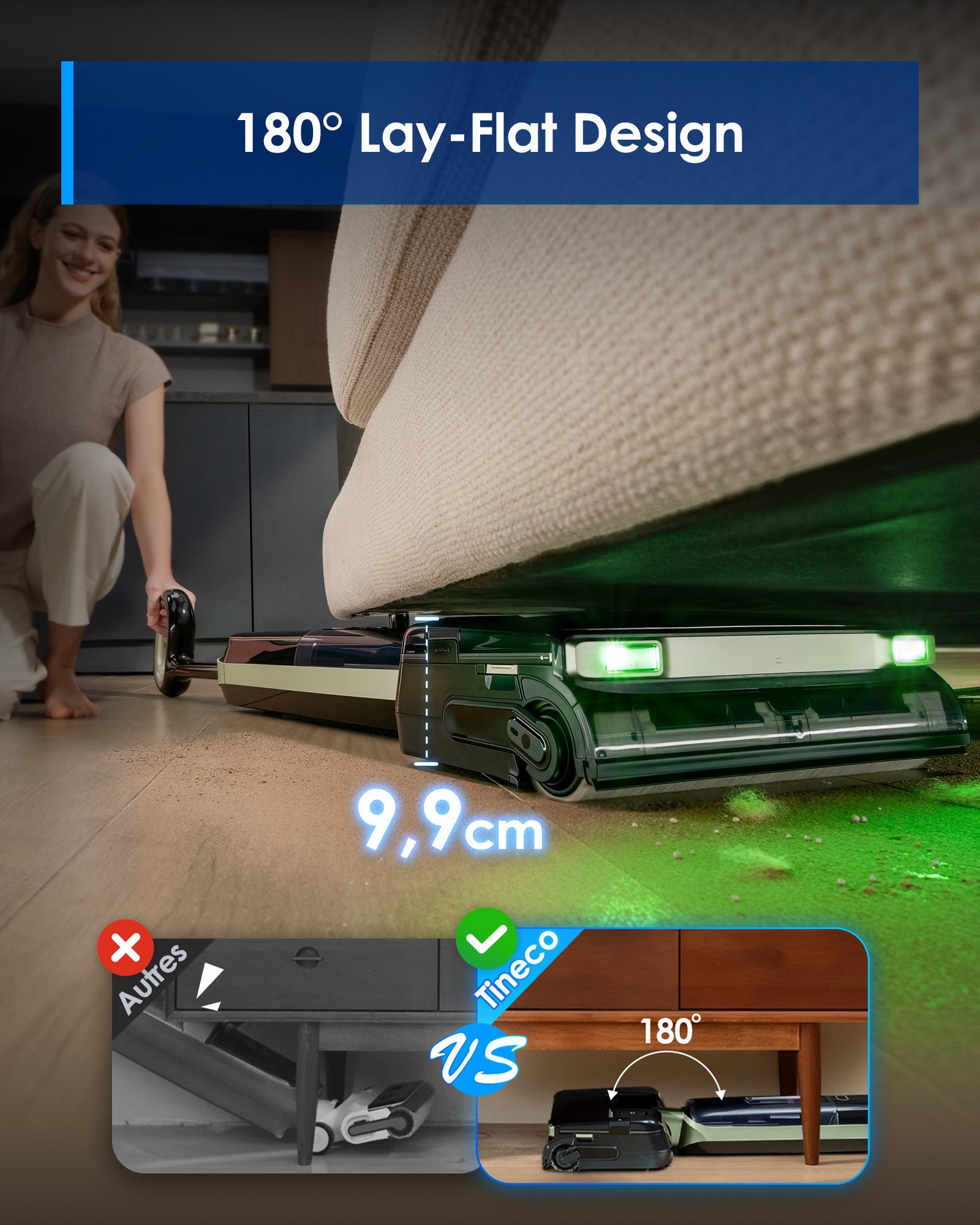 Tineco Floor ONE S7 Master Aspirateur Laveur, Raclette Anti-Traces, Corps Ultra-Plat de 9,9 cm, 23 kPa, FlashDry, Lumière DustReveal Verte à 150°