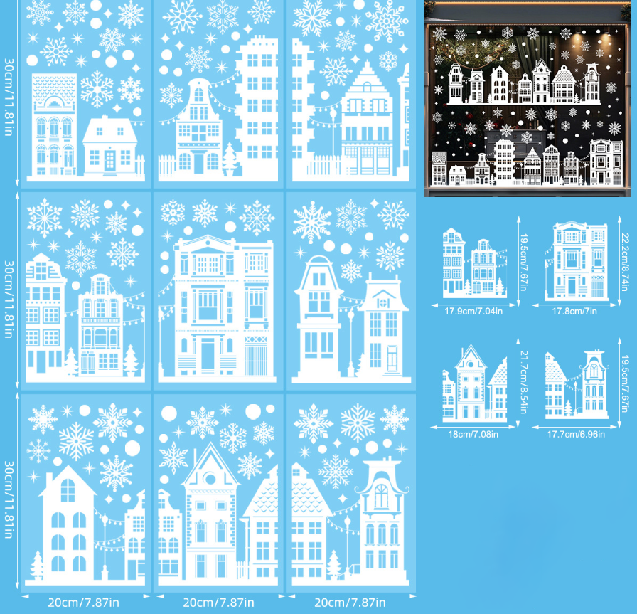 JU7CER 9 autocollants de décoration de fenêtre de Noël double face, autocollants de neige électrostatiques en PVC réutilisables, motif de maison de neige blanc