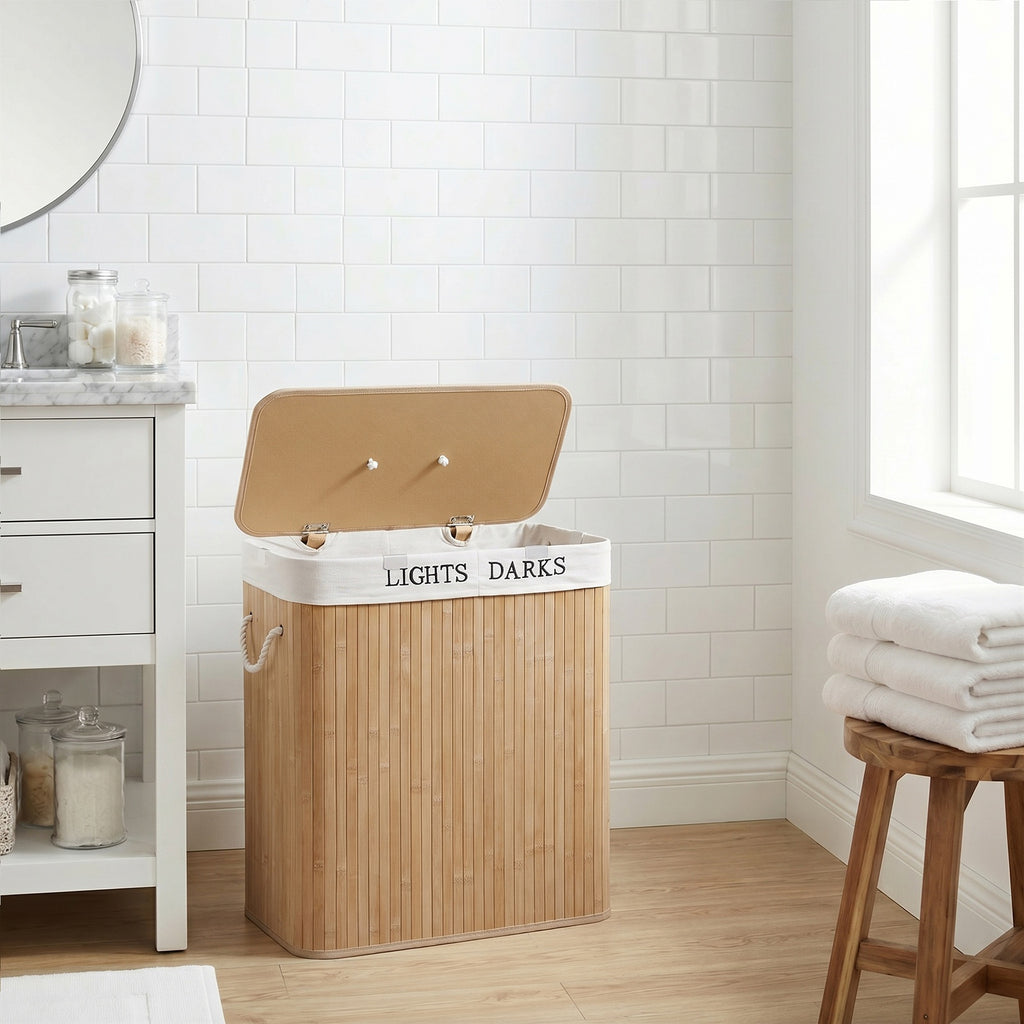 JOYFURNOS Panier à linge en bambou naturel avec 2 compartiments, 100 litres, pliable avec sac amovible, 52 x 63 x 32 cm