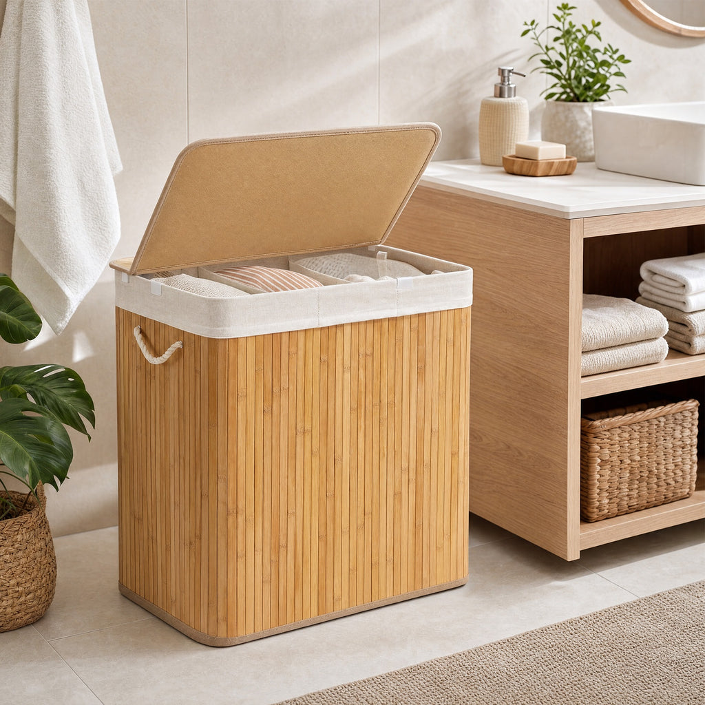 JOYFURNOS Grand Panier à Linge en Bambou, Panier à Linge Pliable à 3 Compartiments avec Couvercle, Sac Intérieur Amovible, Naturel