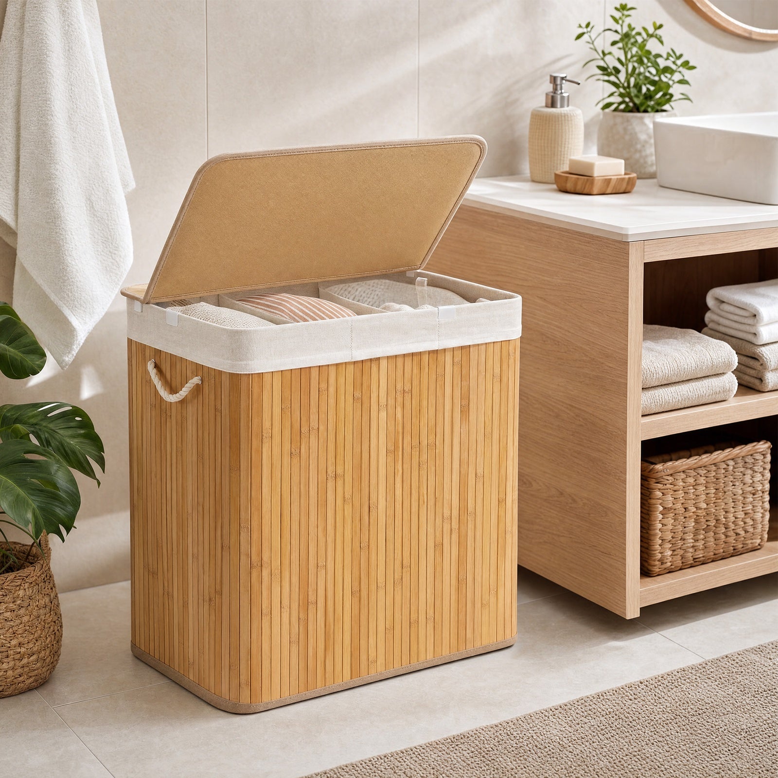 JOYFURNOS Grand Panier à Linge en Bambou, Panier à Linge Pliable à 3 Compartiments avec Couvercle, Sac Intérieur Amovible, Naturel
