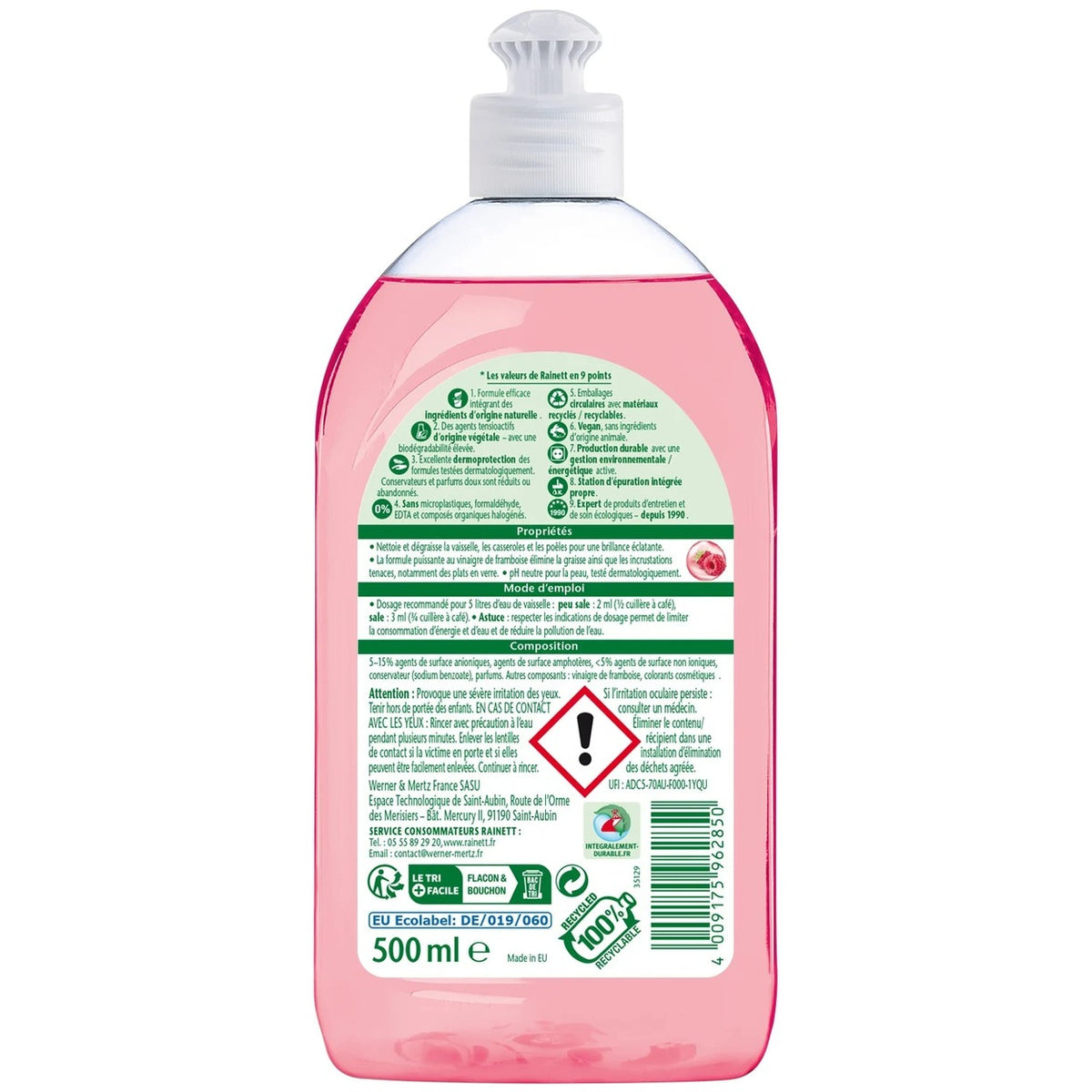 Rainett Eco Liquide Vaisselle Super Dégraissant Vinaigre de Framboise 2 x 500 ml (= 1 L)