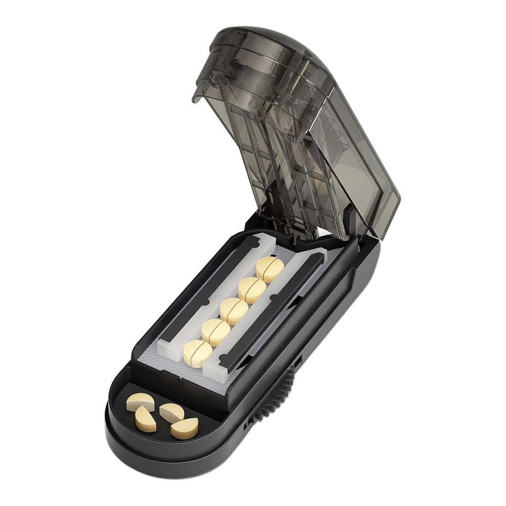 Coupe-Comprimés Professionnel VVM Réglable pour Petites et Minuscules Pilules, Lame Cachée en Acier Inoxydable, Coupe Sécurisée de Plusieurs Comprimés à la Fois, Noir