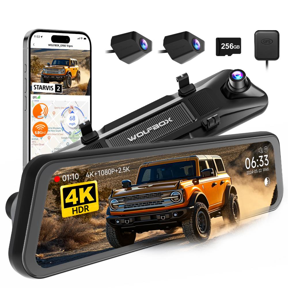 WOLFBOX G900 Tripro Bumper Version Caméra de tableau de bord 3 canaux 4K, Vision nocturne 8 MP STARVIS 2 IMX678, Caméra de tableau de bord avant et arrière 4K+2,5K+1080P, WiFi 5,8 GHz