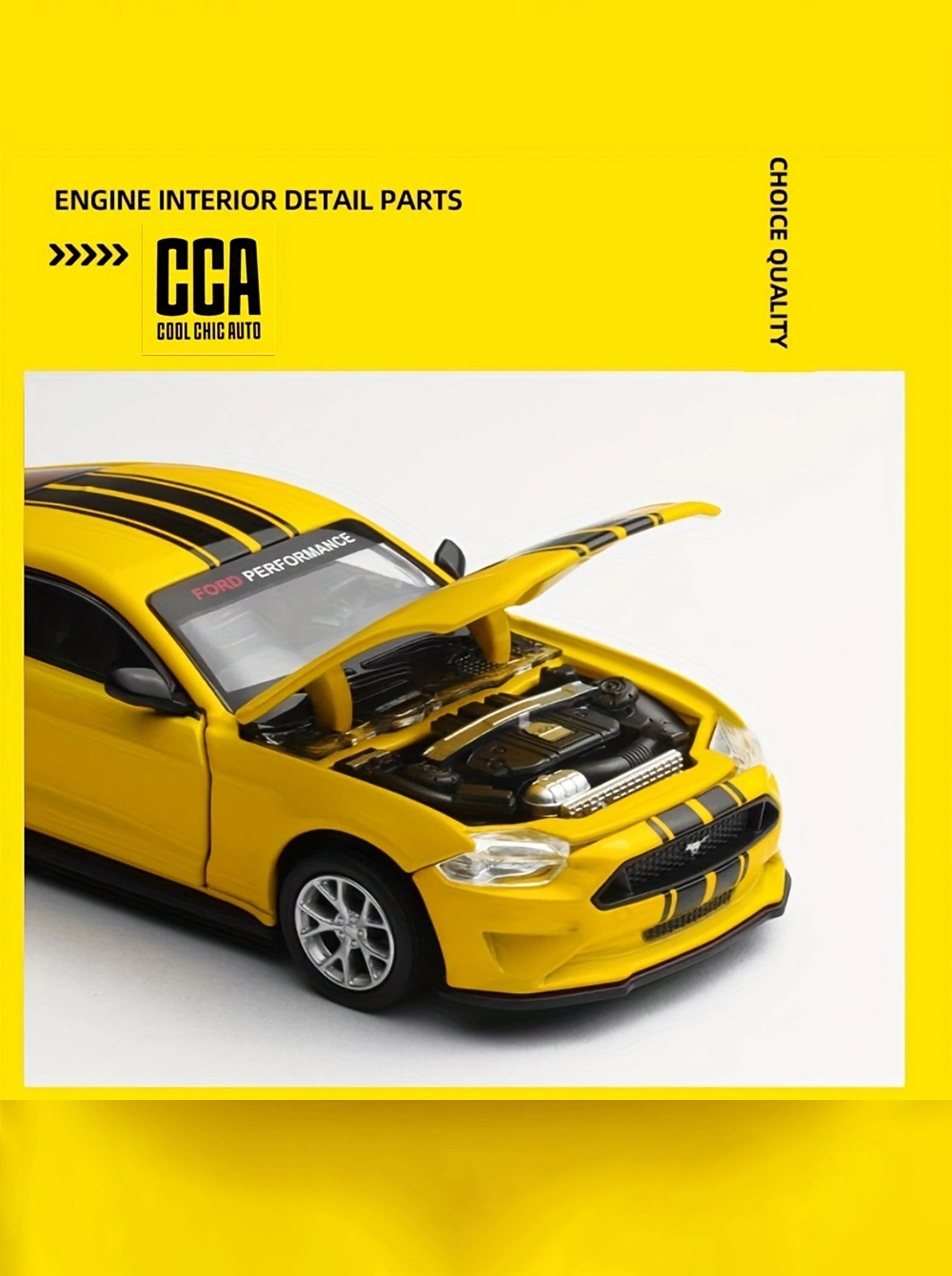 CCA Voiture miniature 2018 Ford Mustang GT jaune classique à l'échelle 1:42 – Kit DIY avec portes ouvrantes et pièces interchangeables ; un modèle réduit de collection de grande valeur