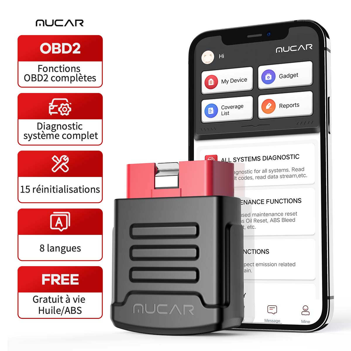 MUCAR BT200 Pro Scanner de voiture diagnostic complet du système OBD2 Bluetooth avec 15 fonctions de réinitialisation compatible avec 128+ marques, pour iOS & Android