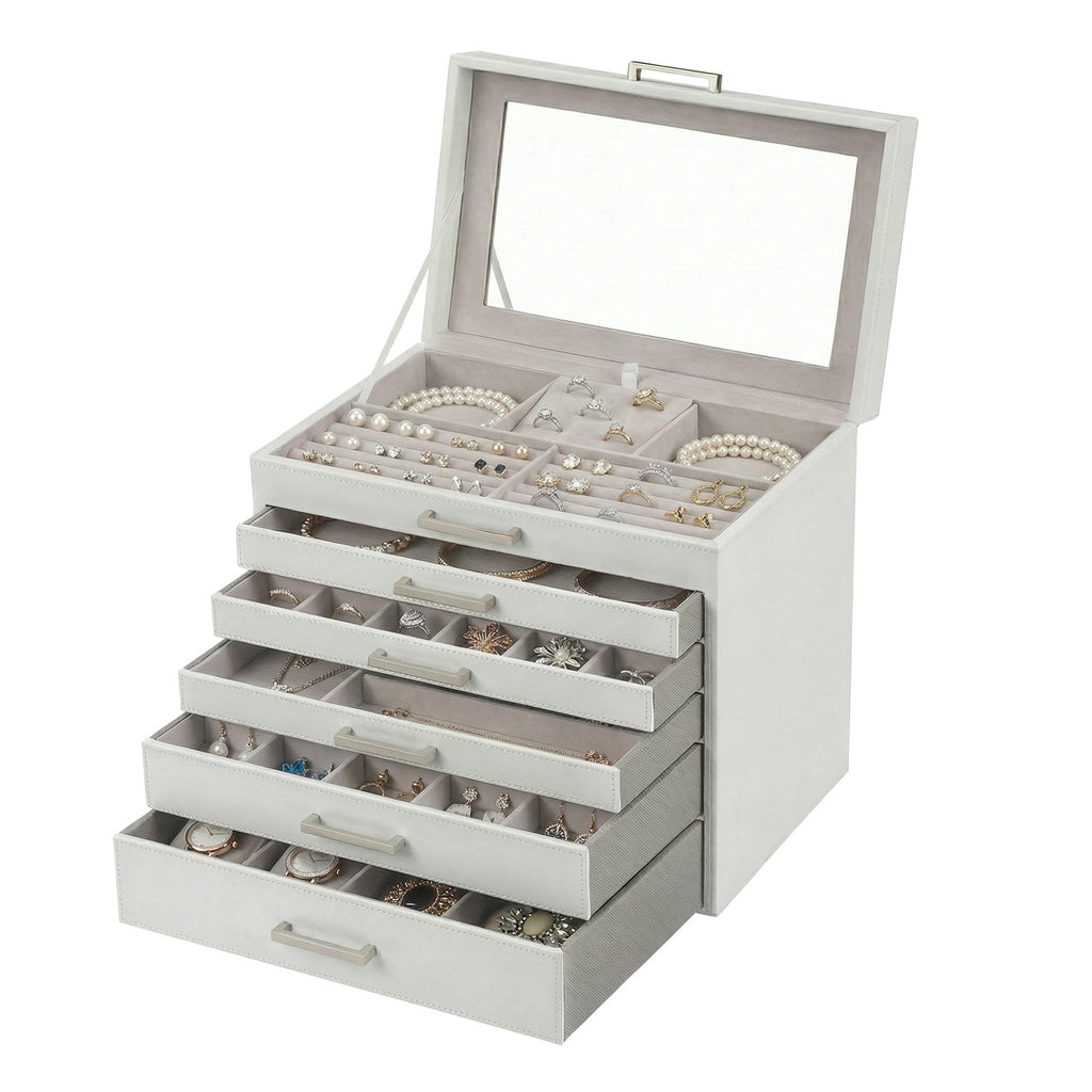 JOYFURNOS Boîte à Bijoux 6 Niveaux, Écrin à Accessoires, avec Grand Miroir, 5 Tiroirs, Rangement pour Bijoux, Moderne, Blanc