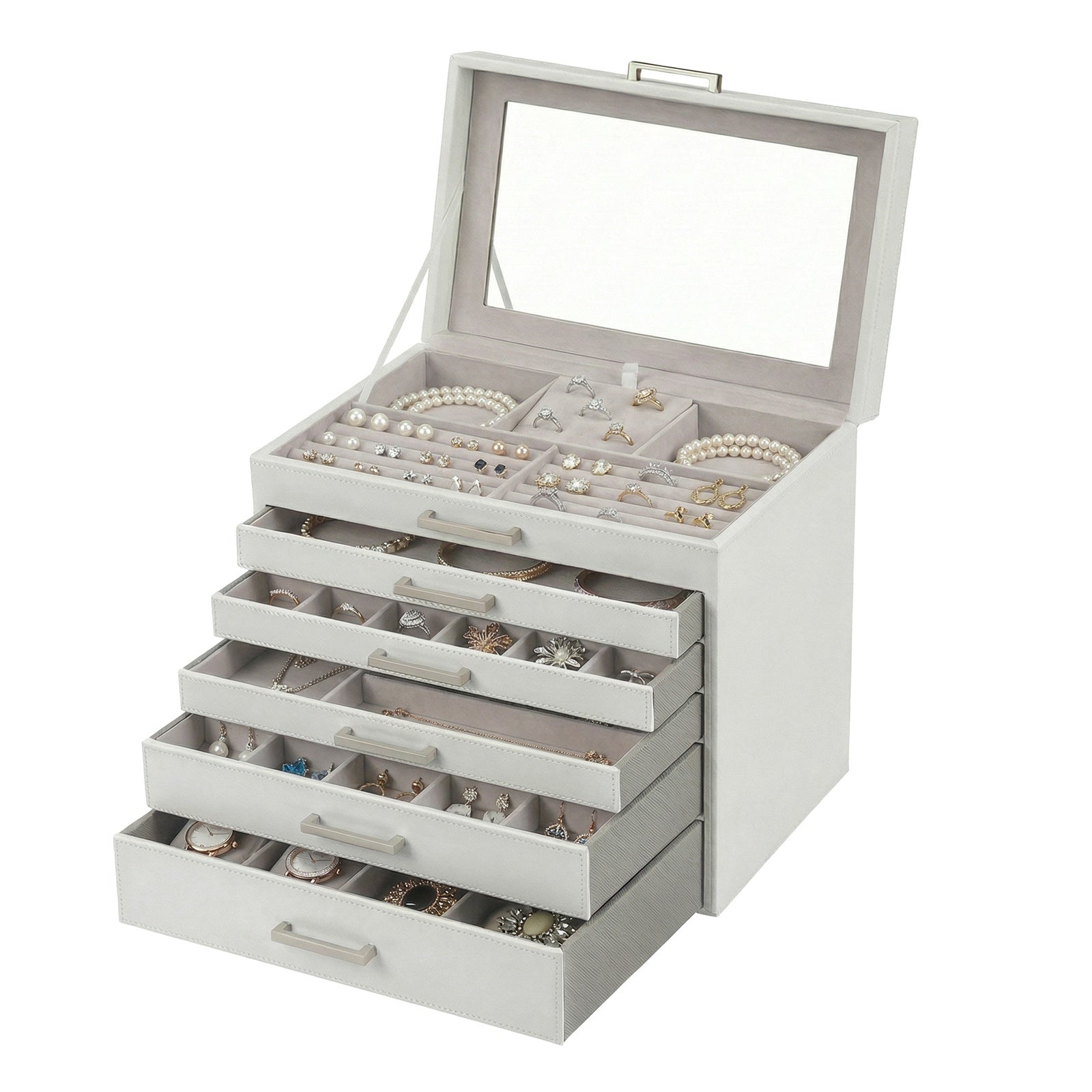 JOYFURNOS Boîte à Bijoux 6 Niveaux, Écrin à Accessoires, avec Grand Miroir, 5 Tiroirs, Rangement pour Bijoux, Moderne, Blanc