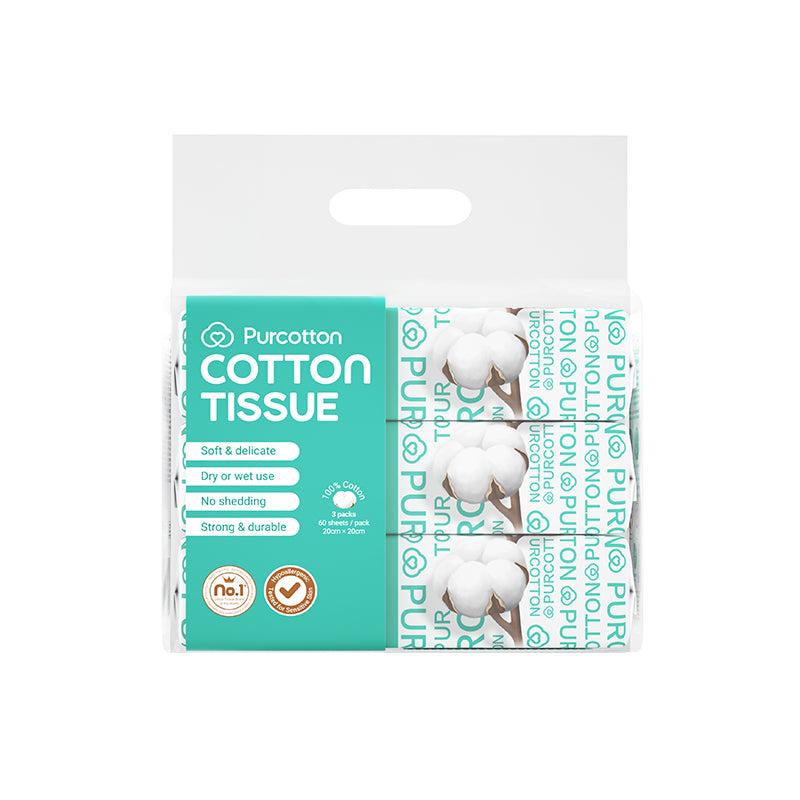 Purcotton Serviettes faciales en coton, 180 feuilles, 3 paquets de 60, épaisses, douces, non pelucheuses et résistantes