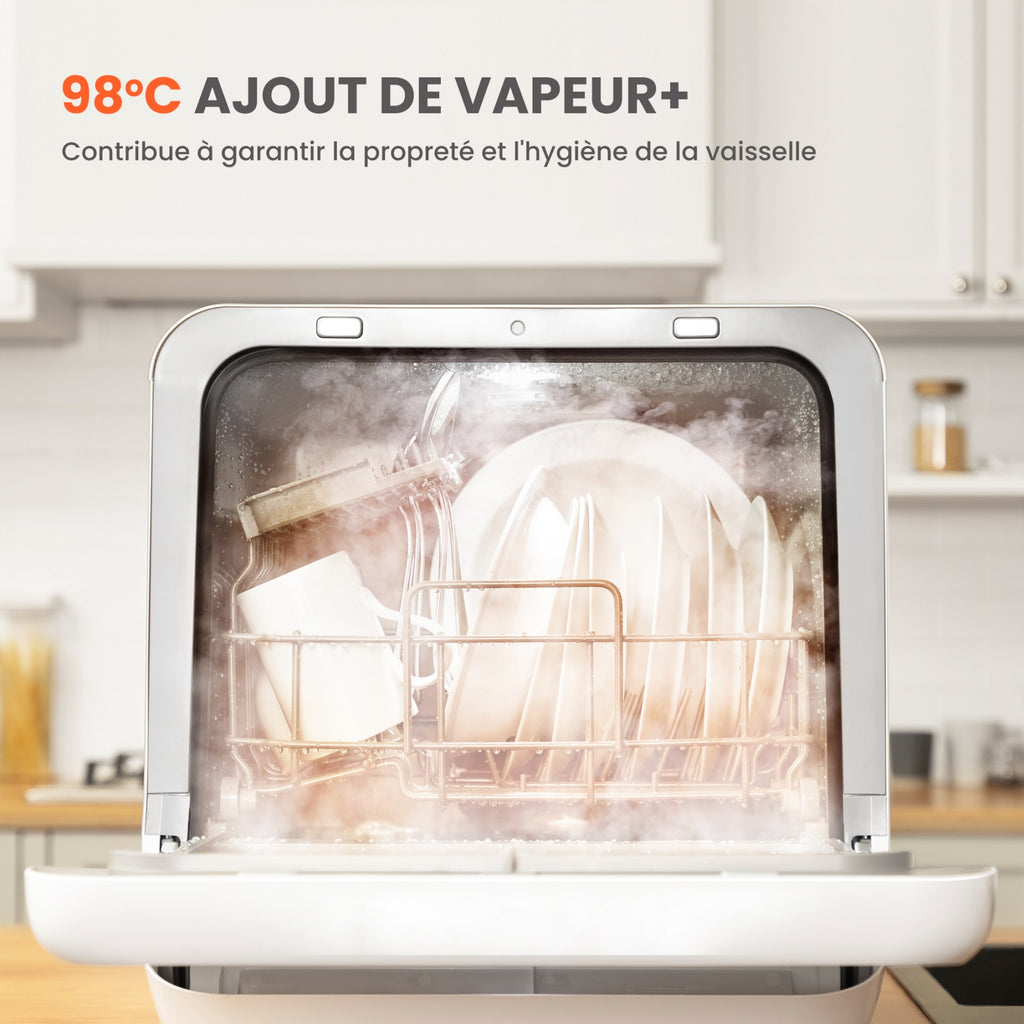 Comfee' Mini Lave-Vaisselle Compact, 6 Programmes, Fonctions Vapeur, Soin Bébé & Lavage Fruits, Sans Installation, Démarrage Différé, Stockage 72h, Blanc, Classe Énergétique D