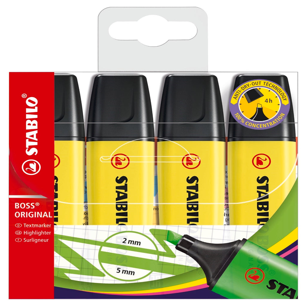 STABILO BOSS ORIGINAL Lot de 4 surligneurs - Pointe biseautée, Jaune fluorescent