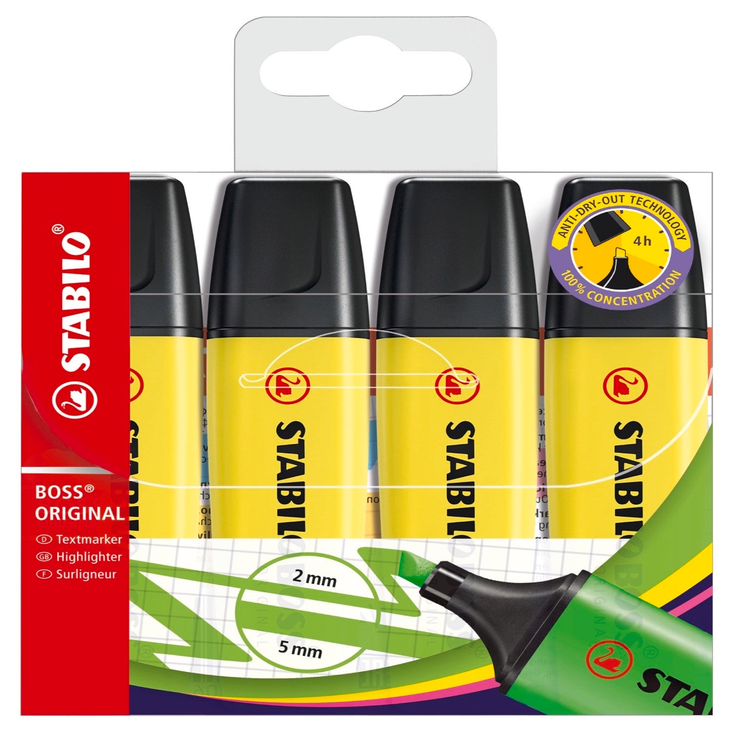 STABILO BOSS ORIGINAL Lot de 4 surligneurs - Pointe biseautée, Jaune fluorescent