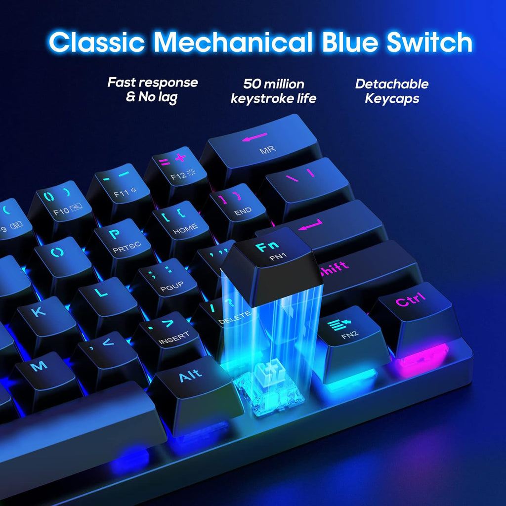 ET Clavier mécanique 60 % tri-mode 61 touches, disposition QWERTY américaine, rétroéclairage RVB, commutateurs bleus à clic, Noir