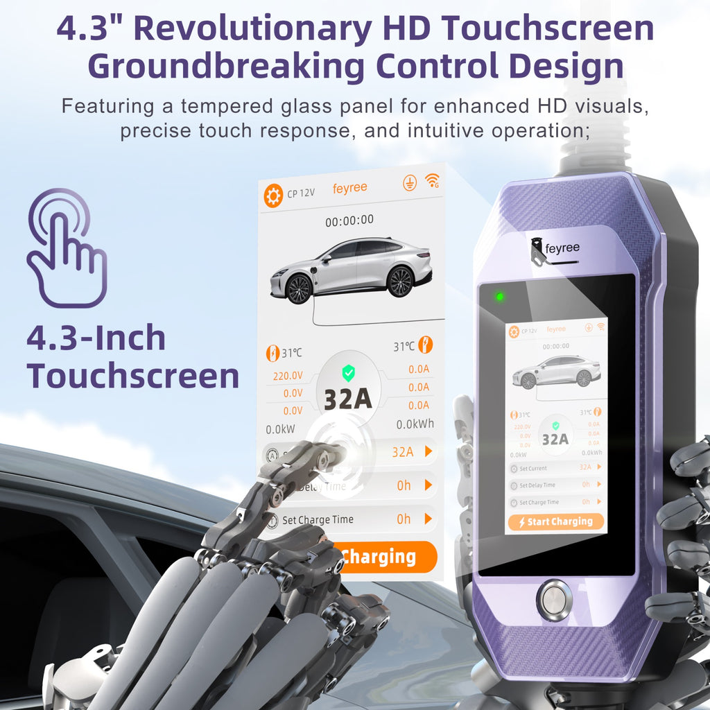 Feyree Chargeur EV portable 7 kW Type 2, chargeur domestique CA avec écran tactile 4,3 pouces et contrôle intelligent via application WiFi pour voiture électrique