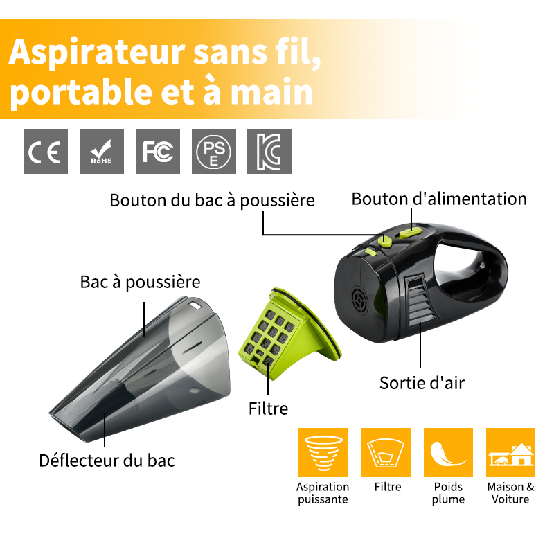 ATSHARK A-016 Aspirateur à main portable pour voiture, sans fil, 2 x 1800 mAh, Matériau ABS, Lot de 1, Noir