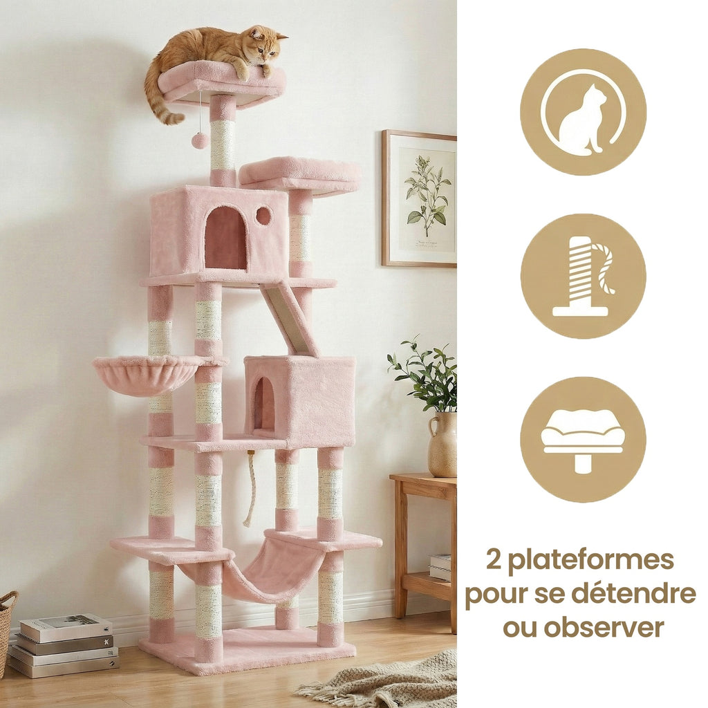 Arbre à chat hauteur 206 cm avec 13 griffoirs, 2 plateformes, 2 niches et panier, hamac, pompon - Rose bonbon