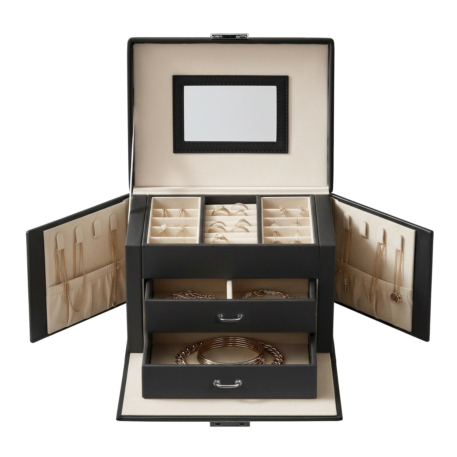 JOYFURNOS Boîte de voyage pour bijoux avec miroir, 2 tiroirs, verrouillable, idée cadeau, noir