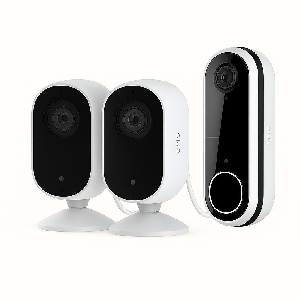 ARLO Pack Maison Protégée : Caméra intérieure Arlo Essential 2K - Blanc, Pack de 2 caméras + Sonnette vidéo sans fil Arlo Essential HD - Blanc