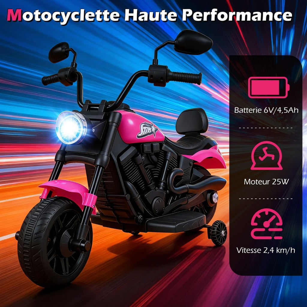 Moto électrique 6 V pour enfants, avec batterie rechargeable, moteur puissant, roues amovibles, démarrage à une touche, convient aux enfants de 3 ans et plus - Rose