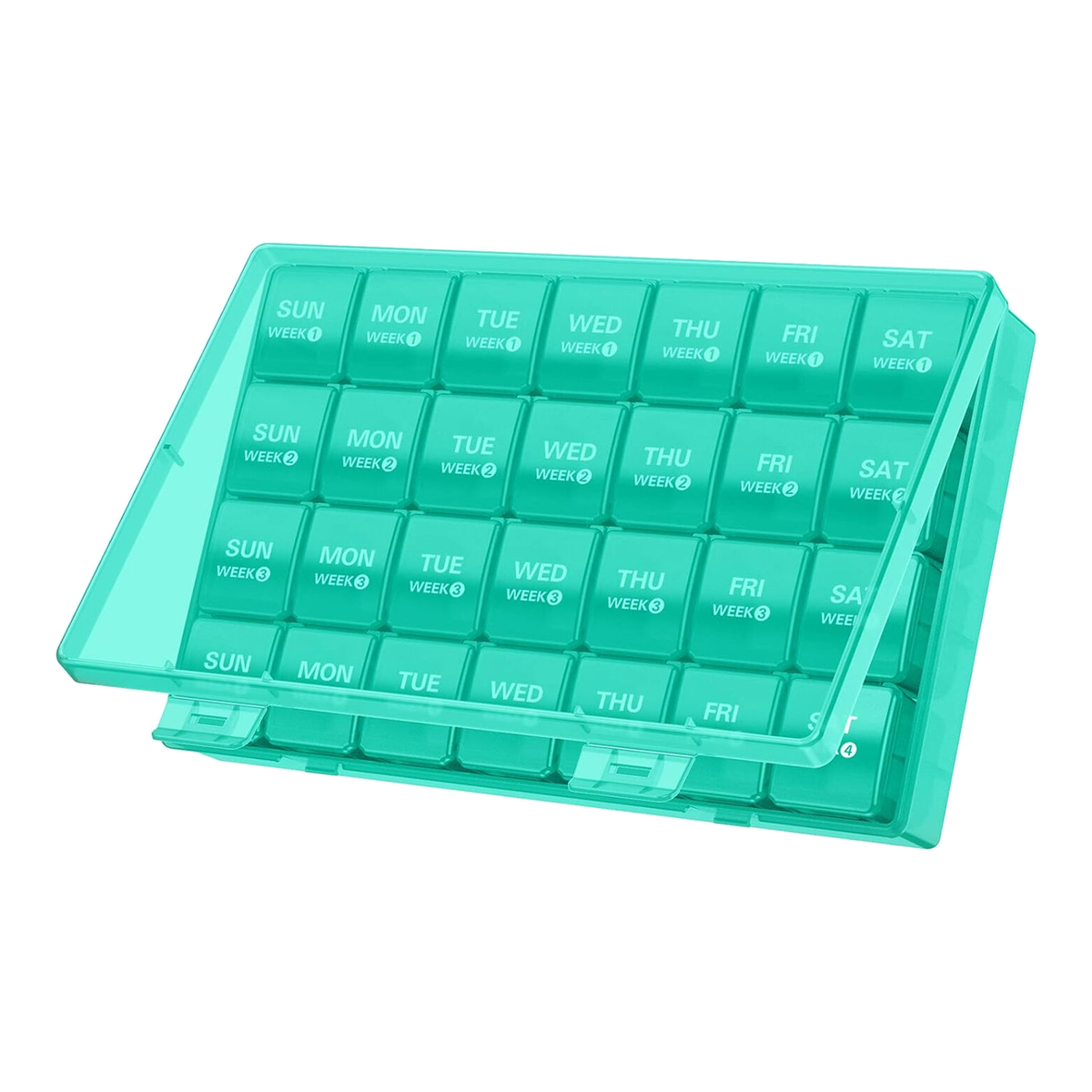 Boîte à médicaments portable 28 jours, boîte de rangement mensuelle pour pilules, grande capacité, pilulier compartimenté 4 semaines avec couvercle anti-poussière
