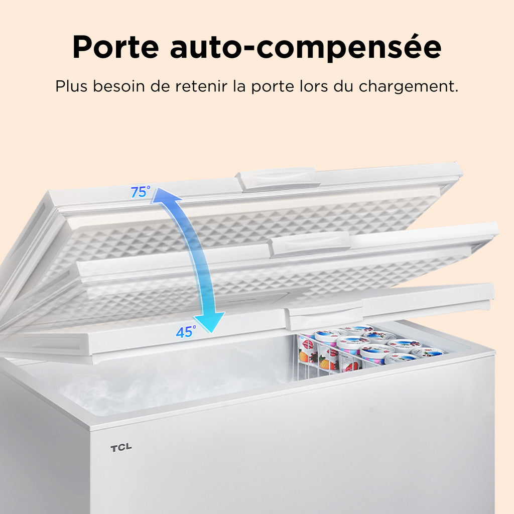 TCL CF126EWE0FR Congélateur avec panier de rangement, charnière de couvercle, thermostat réglable, pieds réglables, classe énergétique E - 98 L