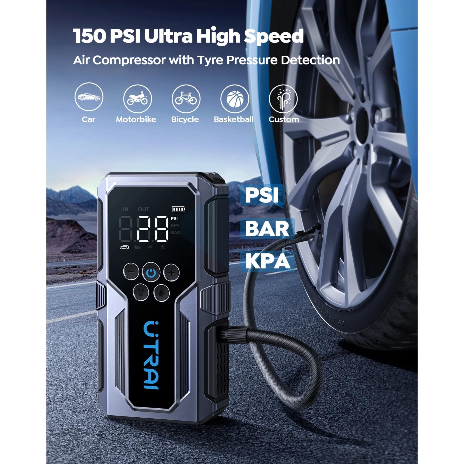 UTRAI JS-9 3000A Booster de démarrage pour voiture avec compresseur d'air 150 PSI, batterie externe QC 18 W, chargeur de batterie de voiture 12 V, écran LED et lampe de poche à 3 modes