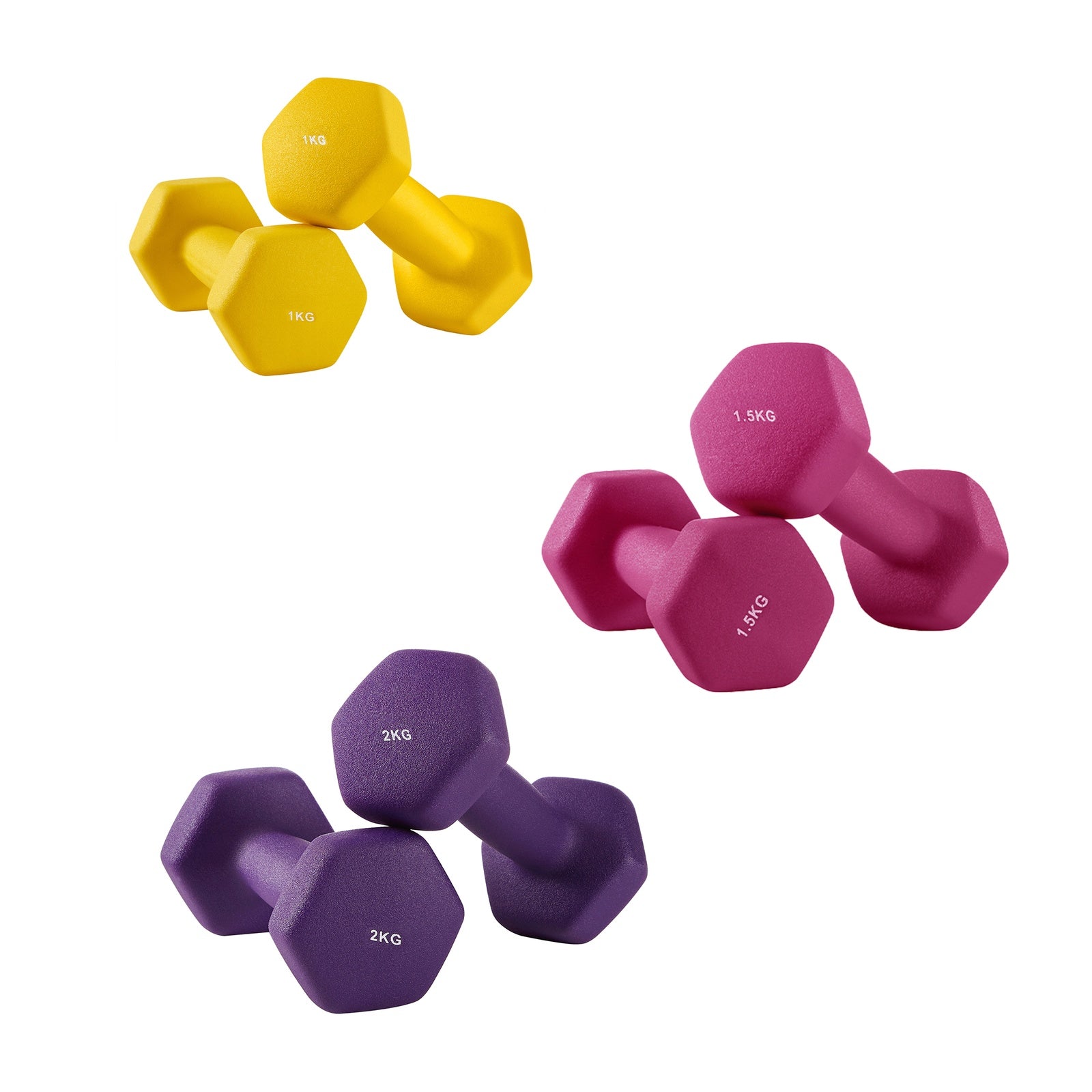 JOYFURNOSSet d’haltères hexagonaux avec support – 3 paires (1 kg, 1,5 kg, 2 kg), finition mate en néoprène, poids à main pour l’exercice à domicile – Jaune, Rose et Violet