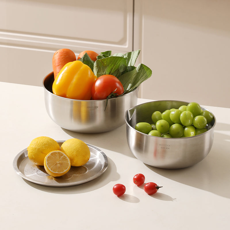 Maxcook Lot de 3 bols de mélange en acier inoxydable 304, 22 cm, avec bouchon d’évacuation et couvercle, robustes, bords plus profonds, finition miroir, compatibles lave-vaisselle, MCWA9907