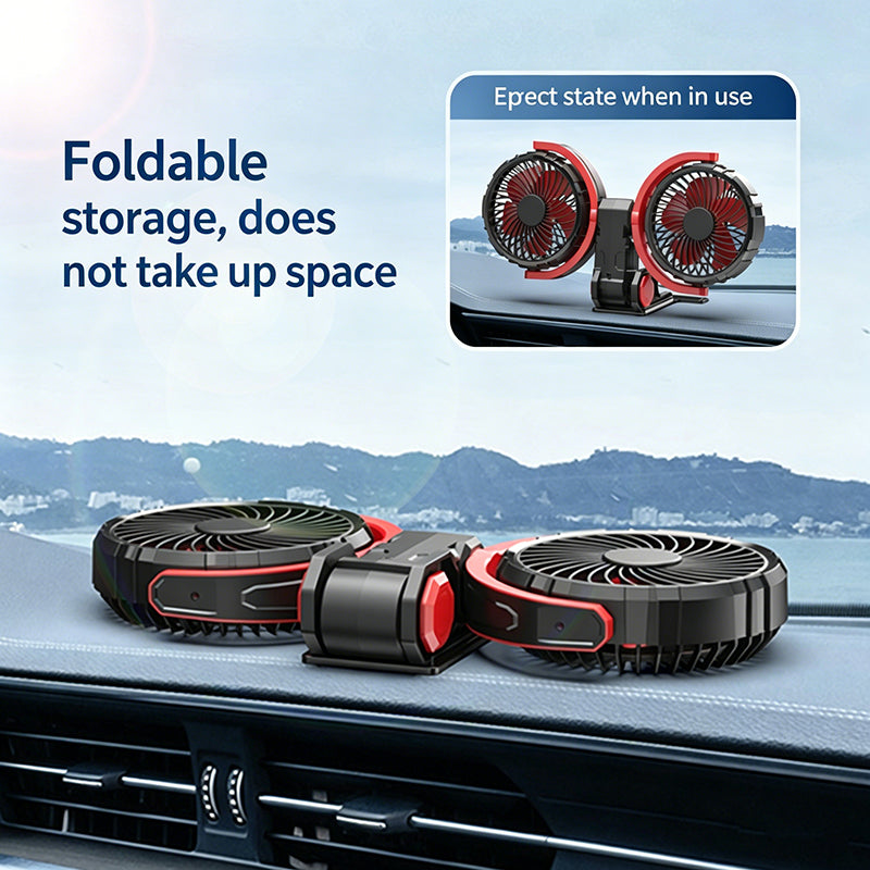 Ventilateur de voiture pliable à double tête avec 2 ports USB, alimentation allume-cigare 12 V/24 V, ventilateur de refroidissement réglable à 3 vitesses avec rotation à 360°