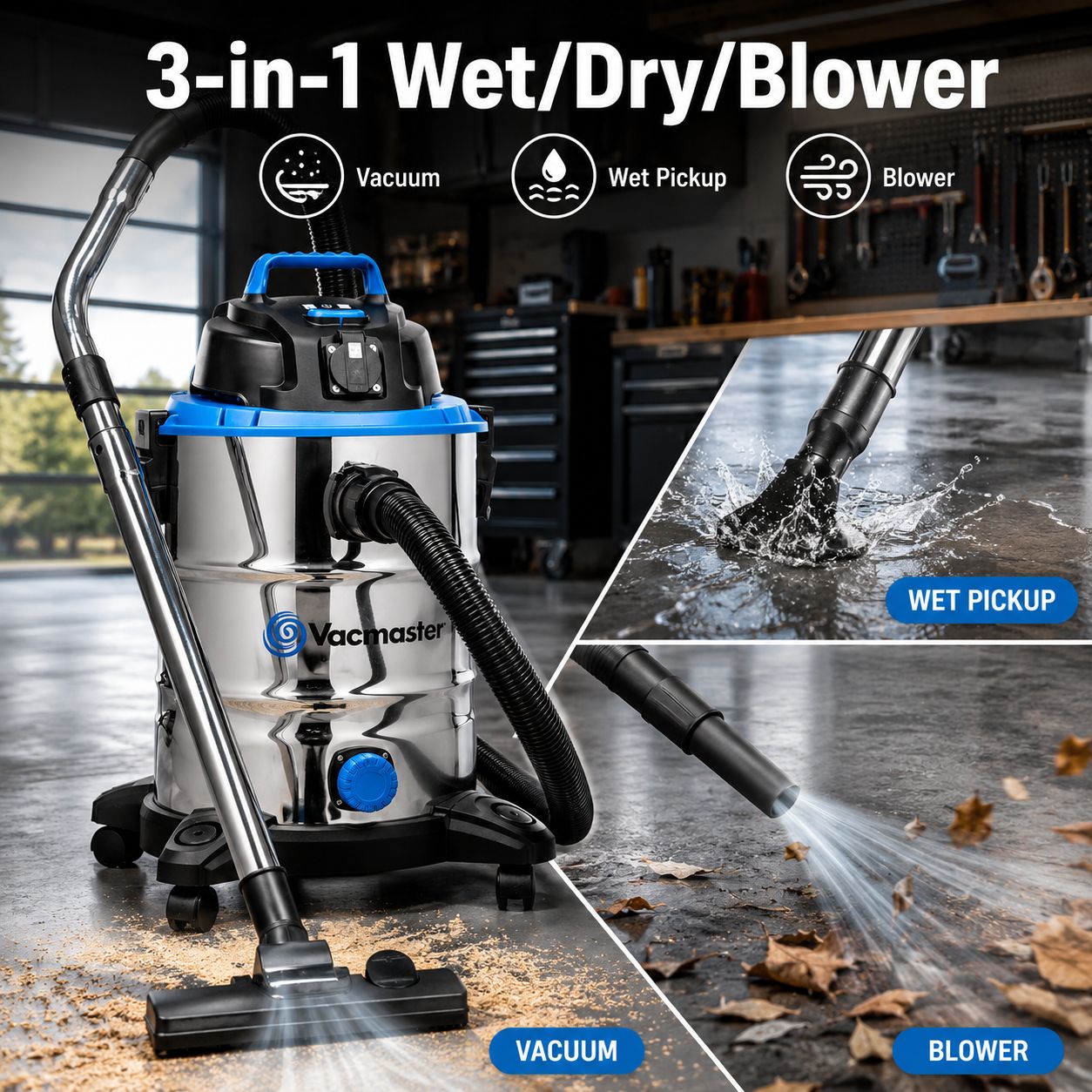 Vacmaster VQ1530SFDC 1500W 30L Aspirateur Eau et Poussière 3-en-1 avec Souffleur, Inox, Prise Intégrée pour Outils Électriques, avec ou sans Sac