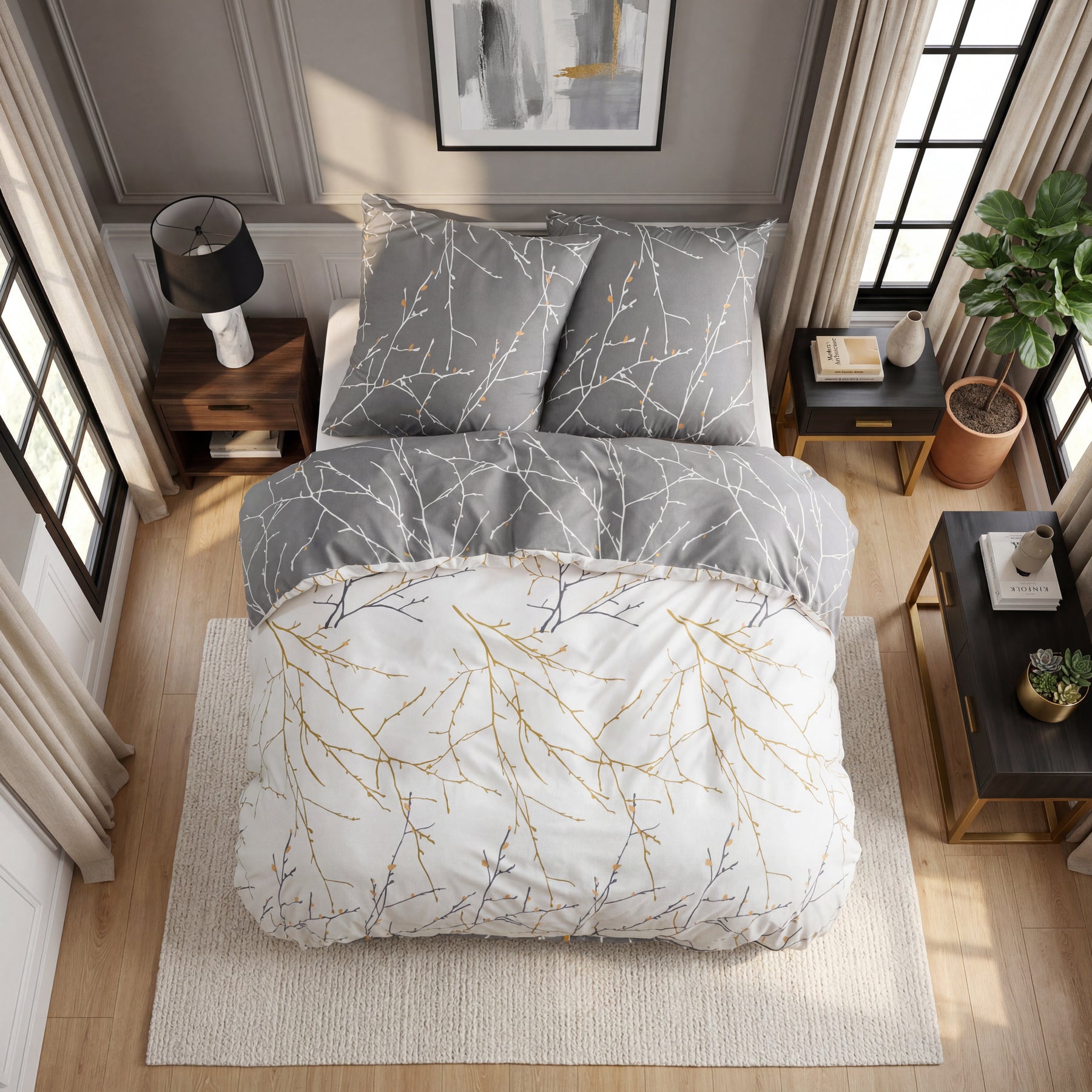 Ensemble avec housse de couette en microfibre et taie d’oreiller de 80 x 80 cm - Design chic et élégant, Microfibre, gris/beige, 200x200cm, 90% Polyester