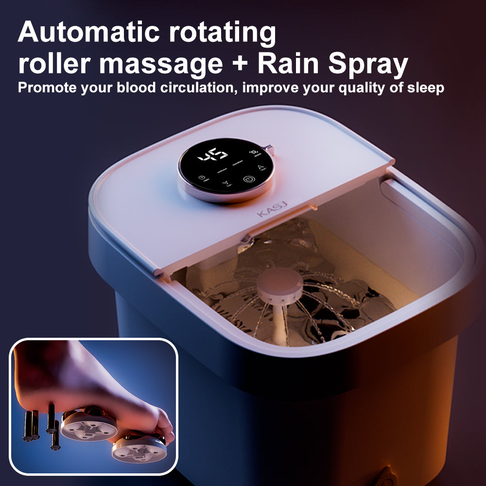 KASJ T6 Masseur de Bain de Spa pour Pieds Électrique avec 4 Rouleaux Rotatifs & 2 Points d'Acupuncture pour les Talons – Température Réglable, Minuterie, Roulettes de Déplacement Faciles & Vidange Rapide pour le Soulagement du Stress