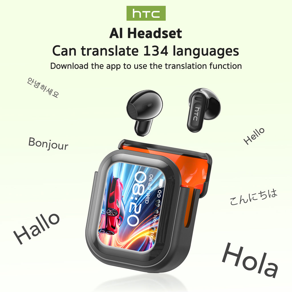 HTC NE20 Écouteurs de traduction sans fil Bluetooth 6.0 avec écran tactile LED, écouteurs sans fil étanches haute fidélité, écouteurs à commande tactile TWS, microphone intégré