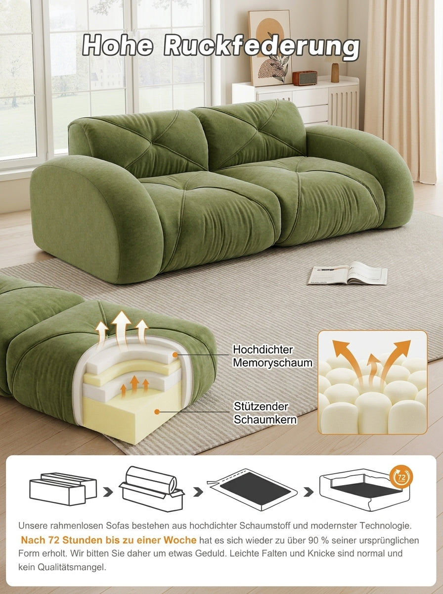 URBAN MEUBLE Canapé double modulable sans cadre — 204x95x76 cm — Tissu Chenille vert — Mousse haute densité
