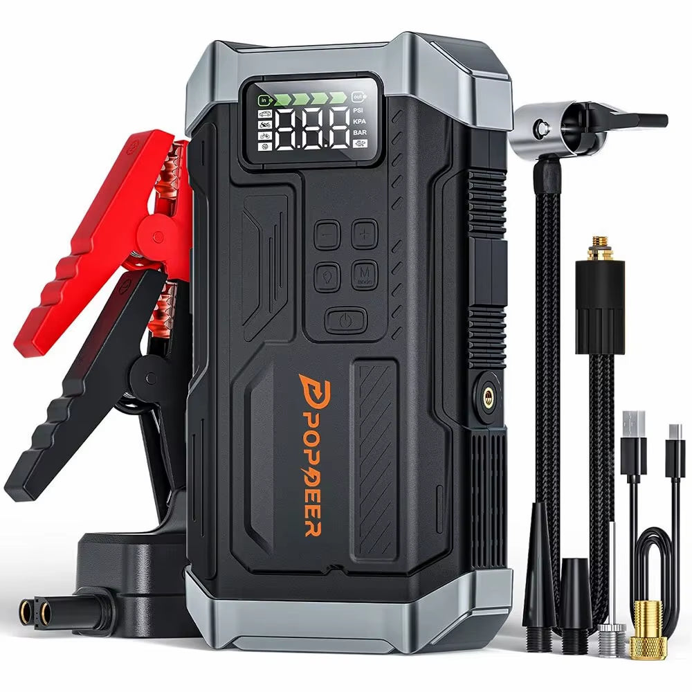 POPDEER PD-JA3 5000A Booster de démarrage 4-en-1, Compresseur d'air 150PSI, Batterie externe 12V QC 3.0 avec écran LCD, 10L Essence/8L Diesel