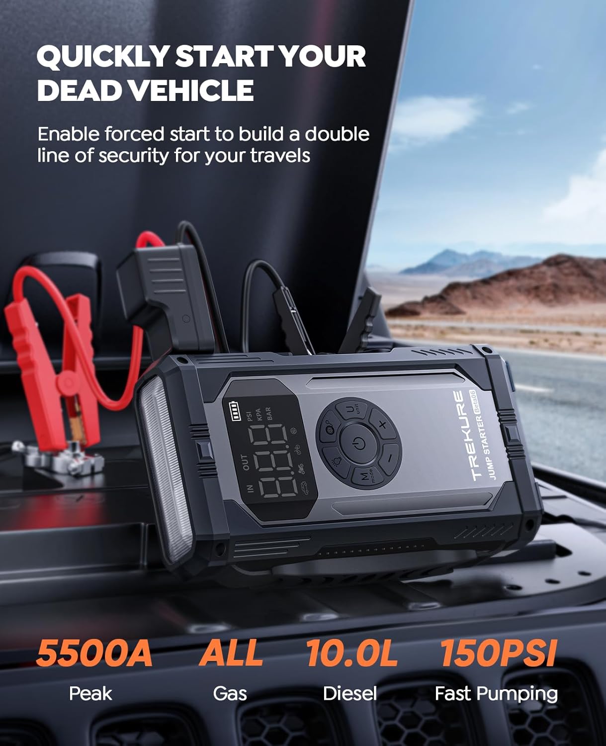 TREKURE Beta06 Booster de démarrage avec compresseur d’air 150 psi, 5500 A de crête, batterie de secours portable 12 V, câbles de démarrage