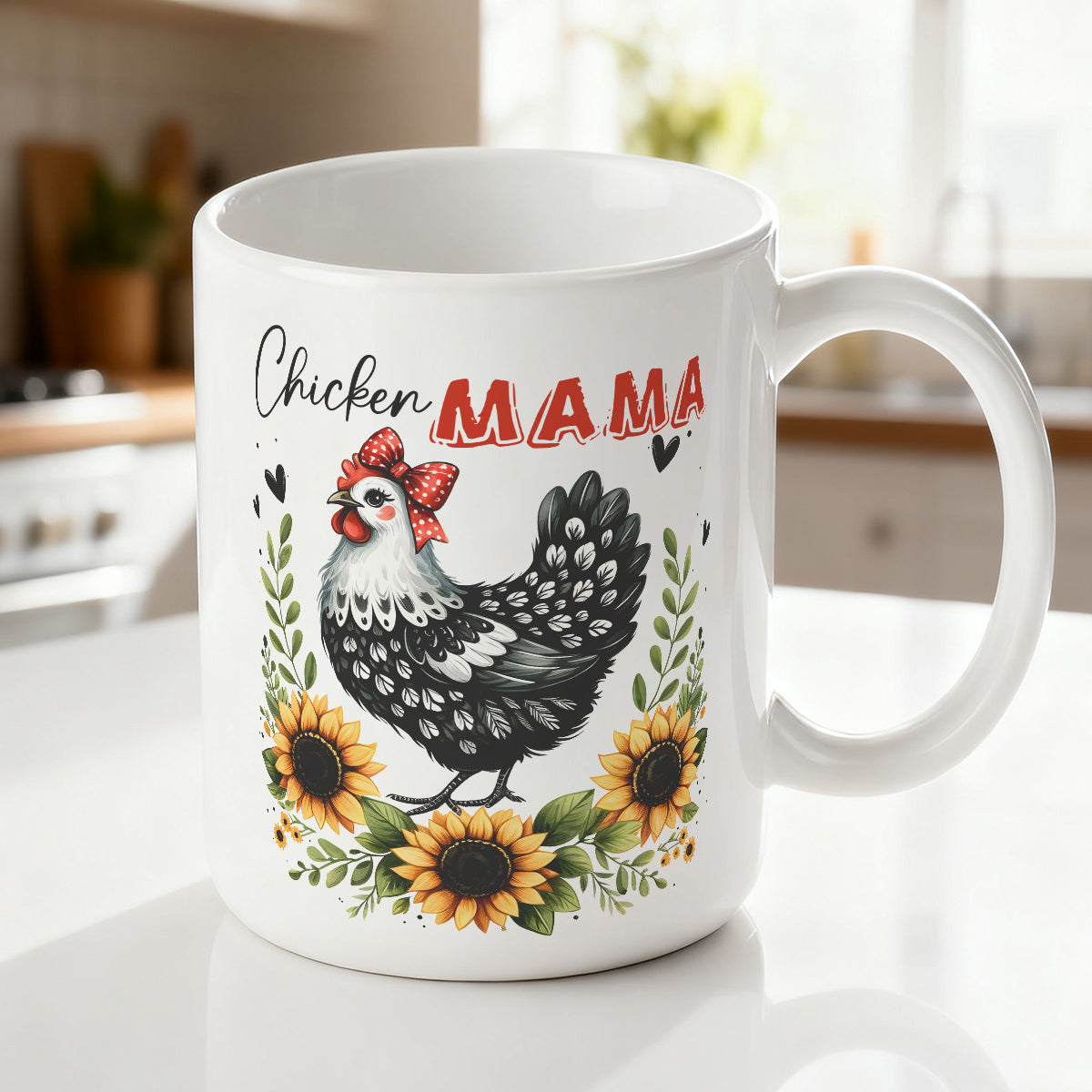 Alphynix 1 pièce mug blanc 11 oz avec motif humoristique « Maman poule » style maison de campagne et nœud rouge, cadeau unique et humoristique de Noël ou d’Action de grâce