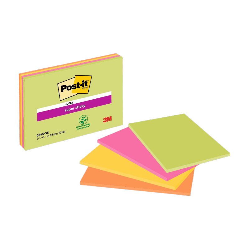 AriZona Notes de réunion super adhésives, couleurs néon assorties, 203 mm x 152 mm, 45 feuilles/feuille, 4 blocs/lot, 100 % PEFC, SGSCH-PEFC-COC-110078