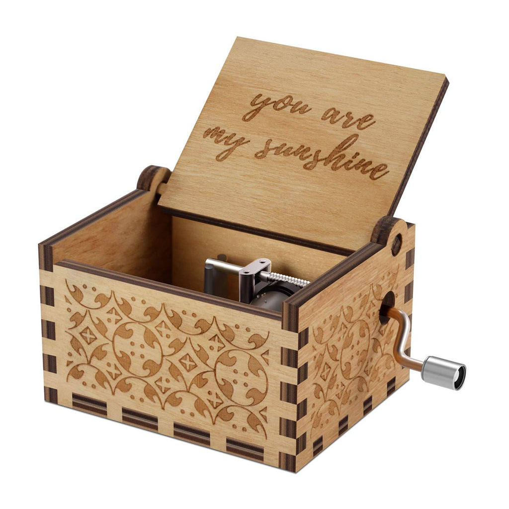 Alphynix Boîte à musique à manivelle 1 pièce, Intérieur gravé "Tu es mon rayon de soleil", Cadeau musical rétro en bois avec motifs floraux sculptés