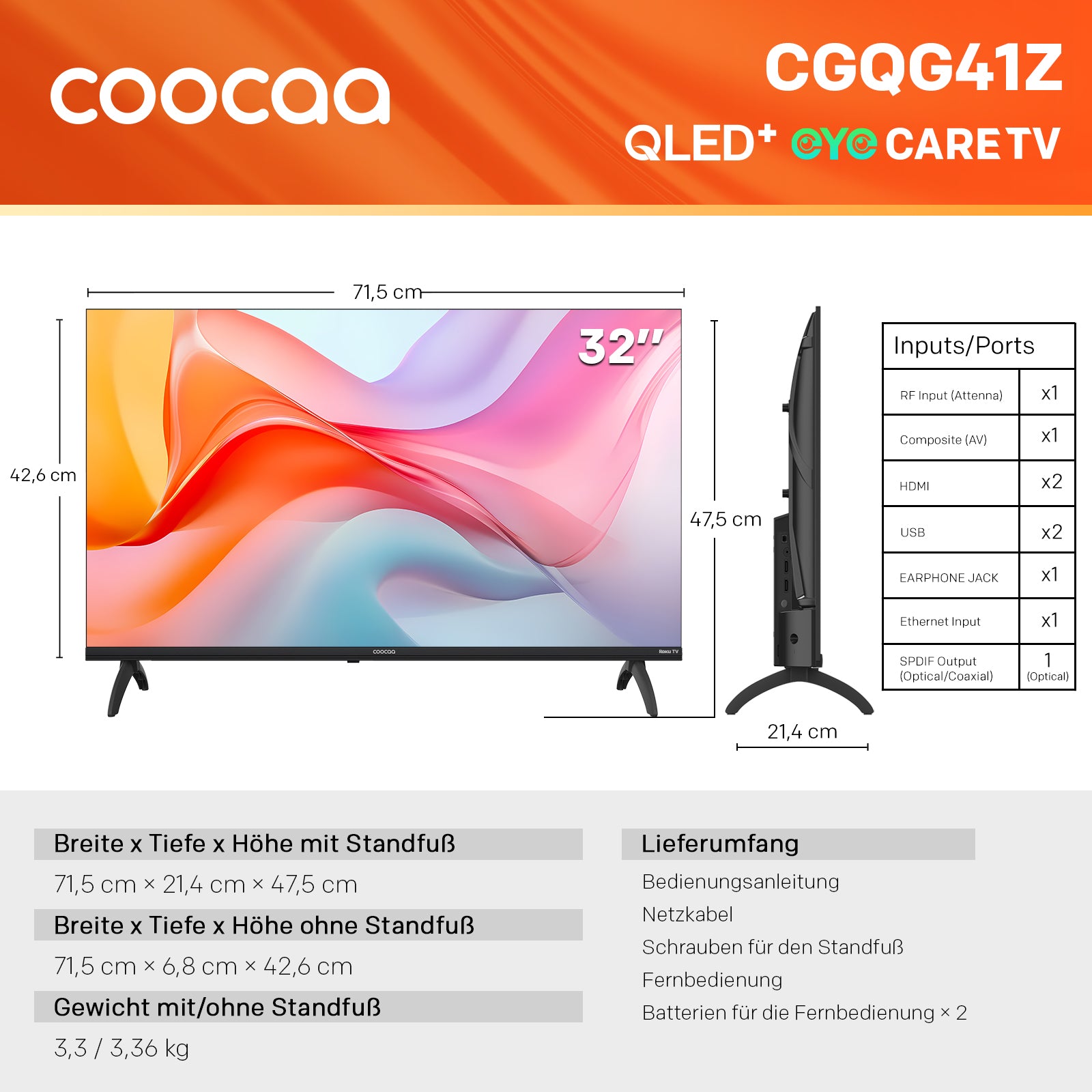 Coocaa QLED 32 pouces (80 cm) Google TV, HDR10, Dolby Audio, Bluetooth 5.1, EyeCare, Chromecast intégré, Triple Tuner DVB-T2/C/S2, CI+, Modèle 32CGQG40Z (2026), Classe Énergétique E