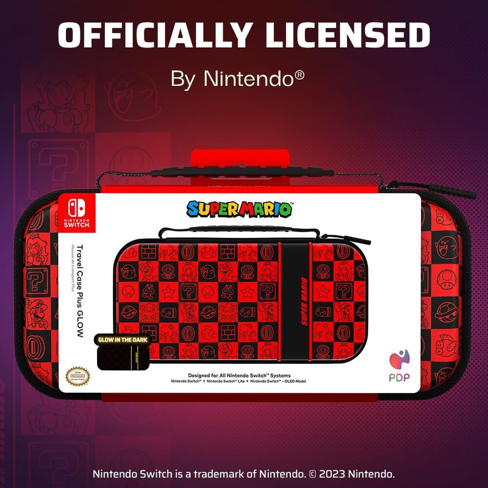 PDP Sacoche Rigide Travel Case Plus Nintendo Switch, Switch Lite et Switch OLED - Poches Accessoires - Licence Officielle Super Mario - Design Lumineux 3D - Motif Glow Super Icon - Rouge
